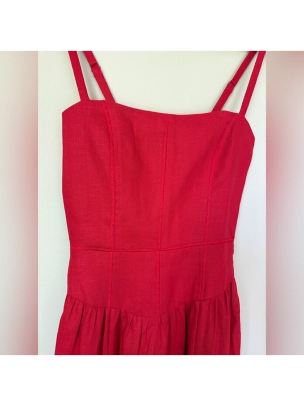 Reformation Katarin Linen Midi Dress Lipstick Red Lace Detail | US 2 UK 6 - Picture 11 of 13